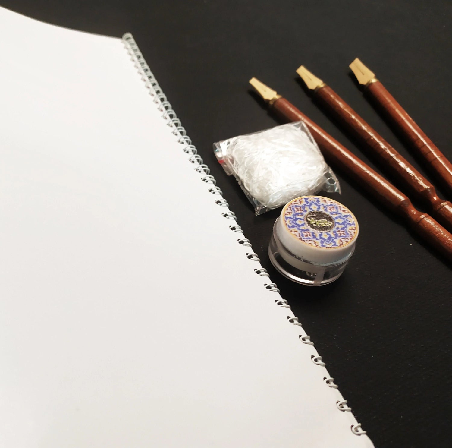 calligraphy starter kit with pens, inkwell, silk likka, glossy paper