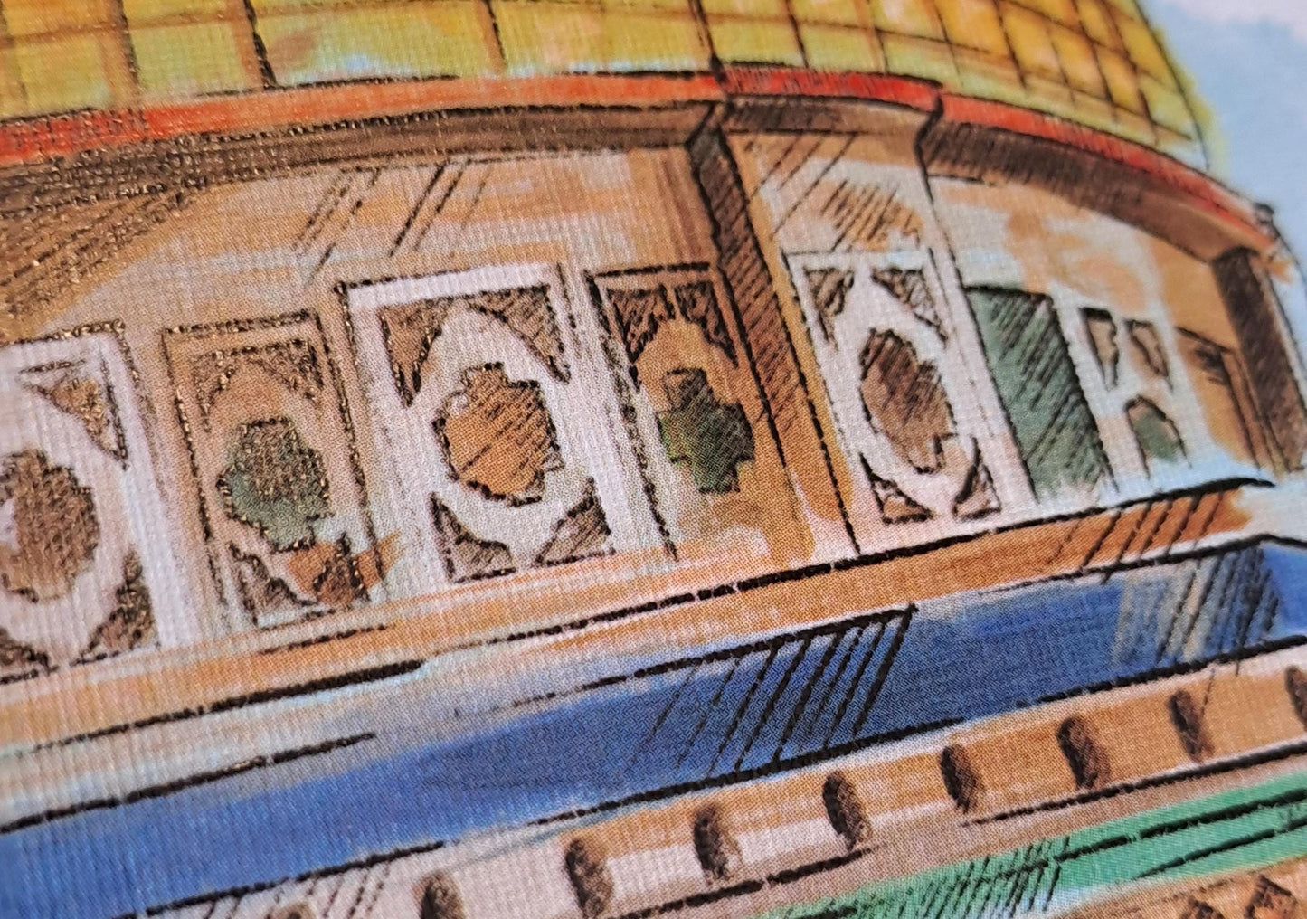 Close-up of printed watercolor texture on Dome of the Rock artwork, fine detail and soft brush strokes