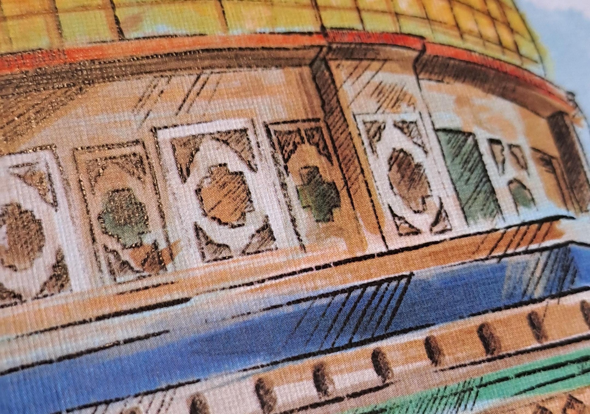 Close-up of printed watercolor texture on Dome of the Rock artwork, fine detail and soft brush strokes