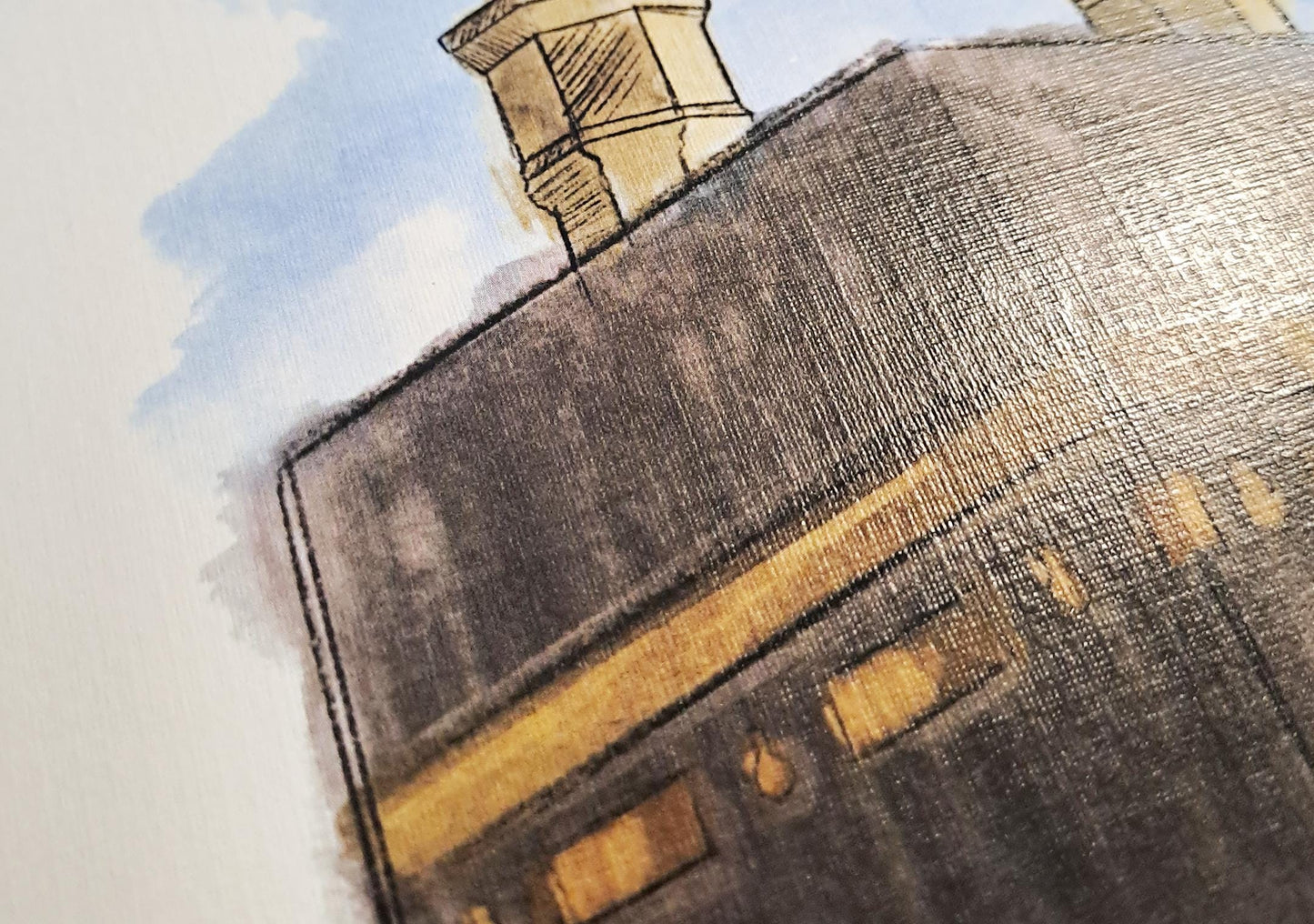 Close-up of Kaaba’s black texture and golden accents in watercolor style, printed Islamic art