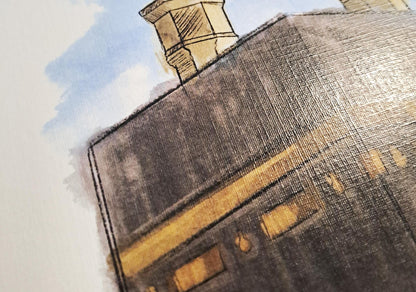 Close-up of Kaaba’s black texture and golden accents in watercolor style, printed Islamic art