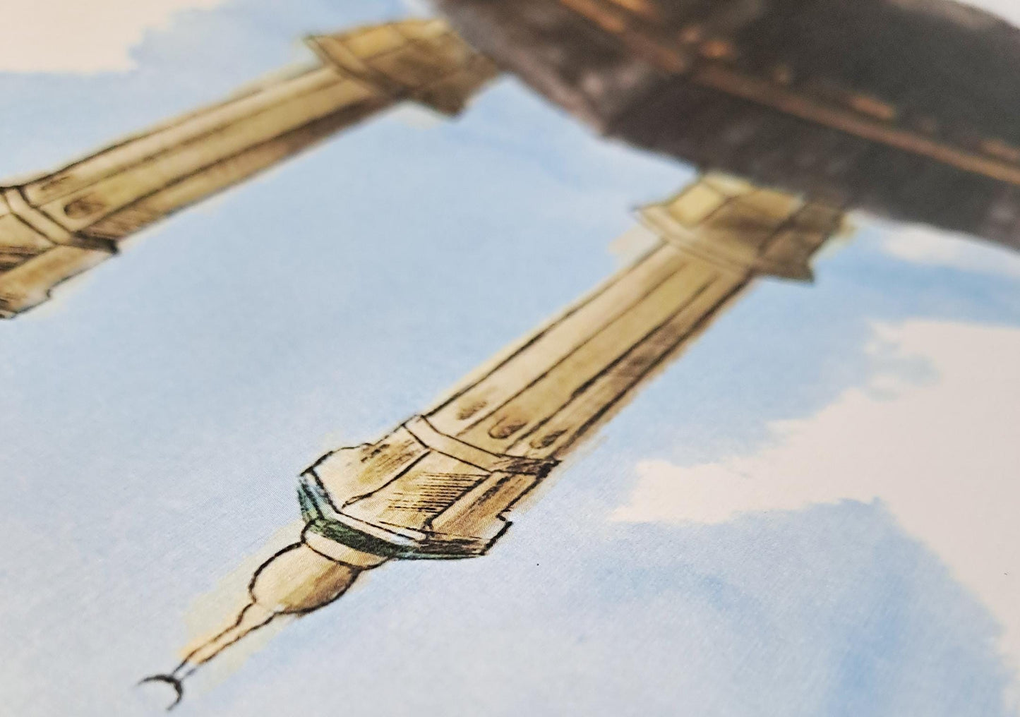 Soft blue watercolor sky background in Kaaba print, textured and serene digital artwork