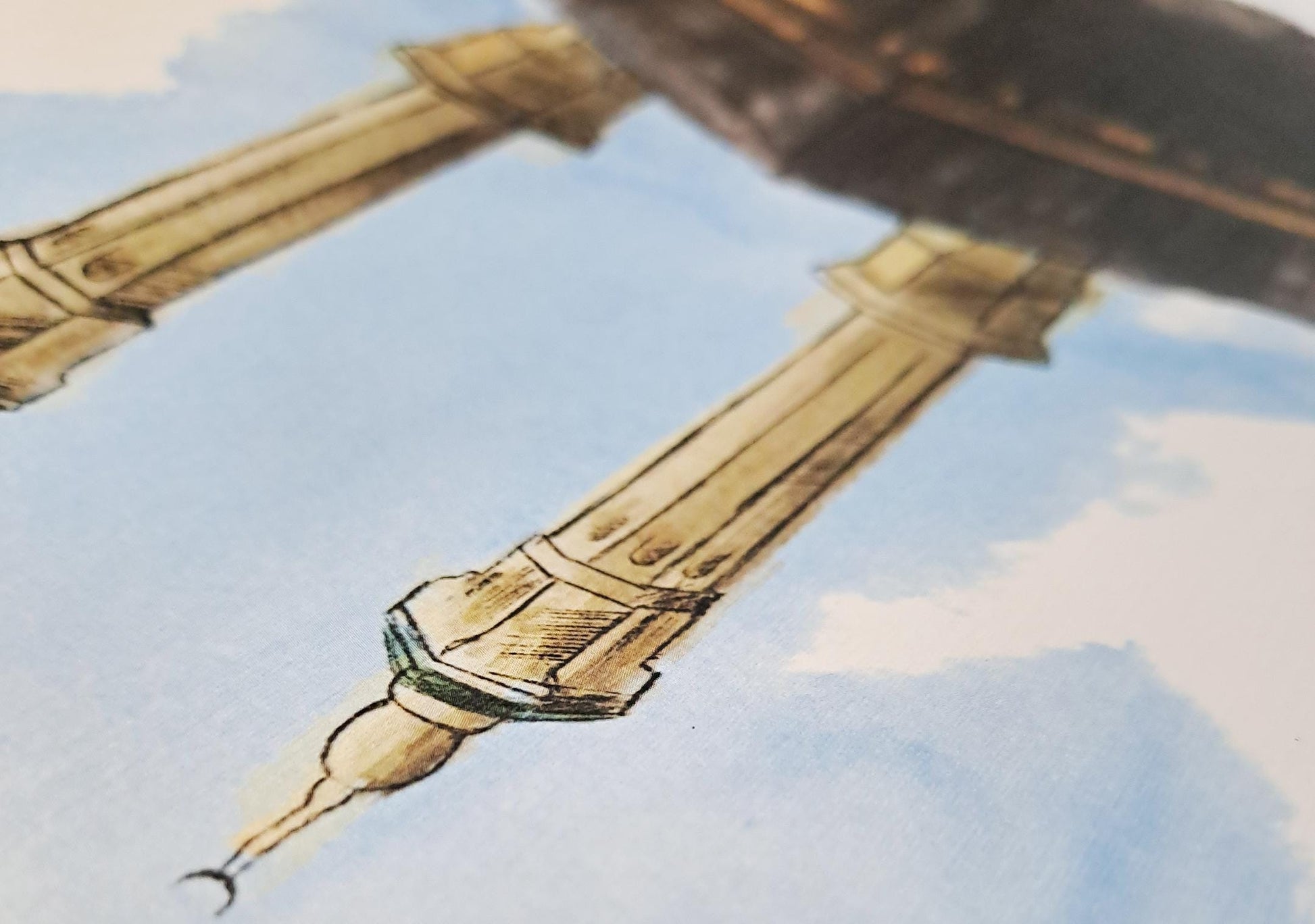 Soft blue watercolor sky background in Kaaba print, textured and serene digital artwork