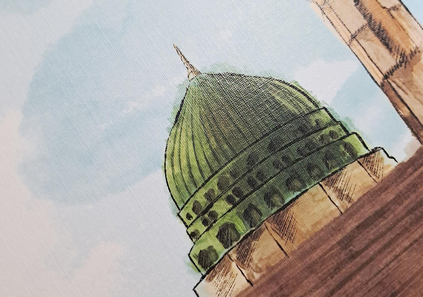 Detailed view of full composition Green Dome watercolor print, Masjid Nabawi digital wall art