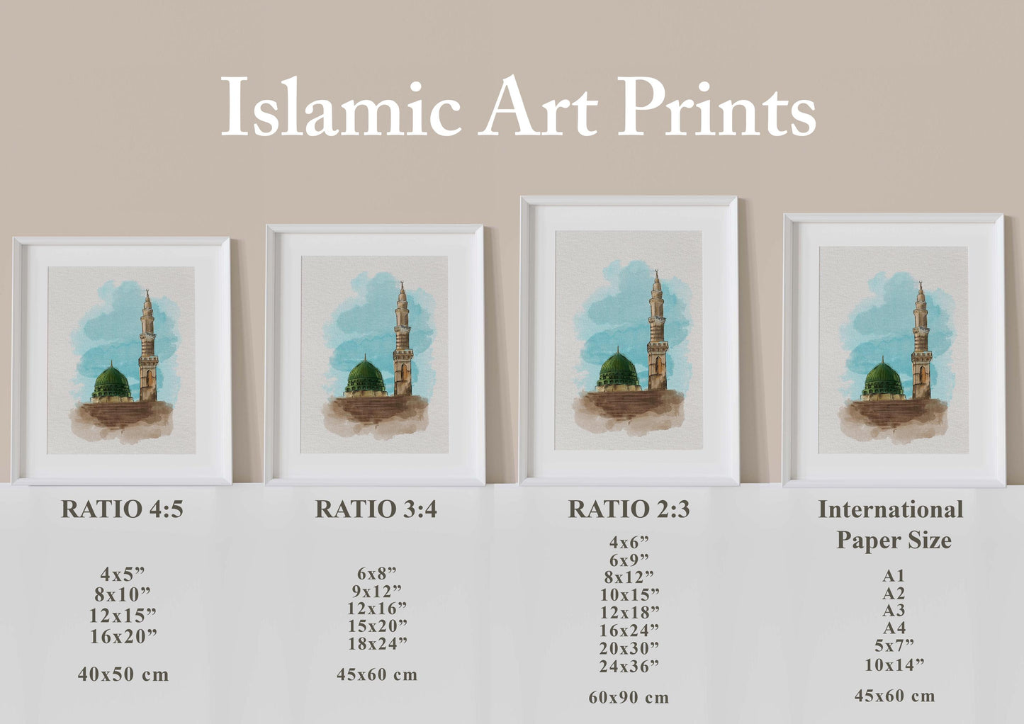 Printable size guide for Green Dome digital artwork, includes multiple paper sizes and ratios