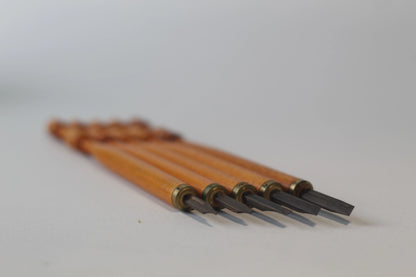 Detail view junction between teak handle and reed nib