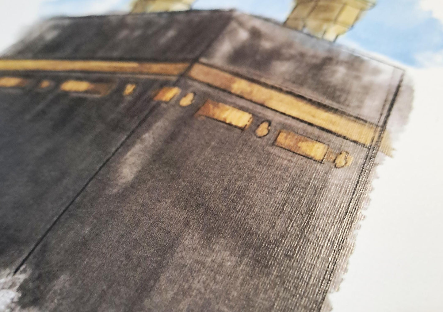 Close-up of full Kaaba watercolor artwork composition, showing black structure and sky harmony