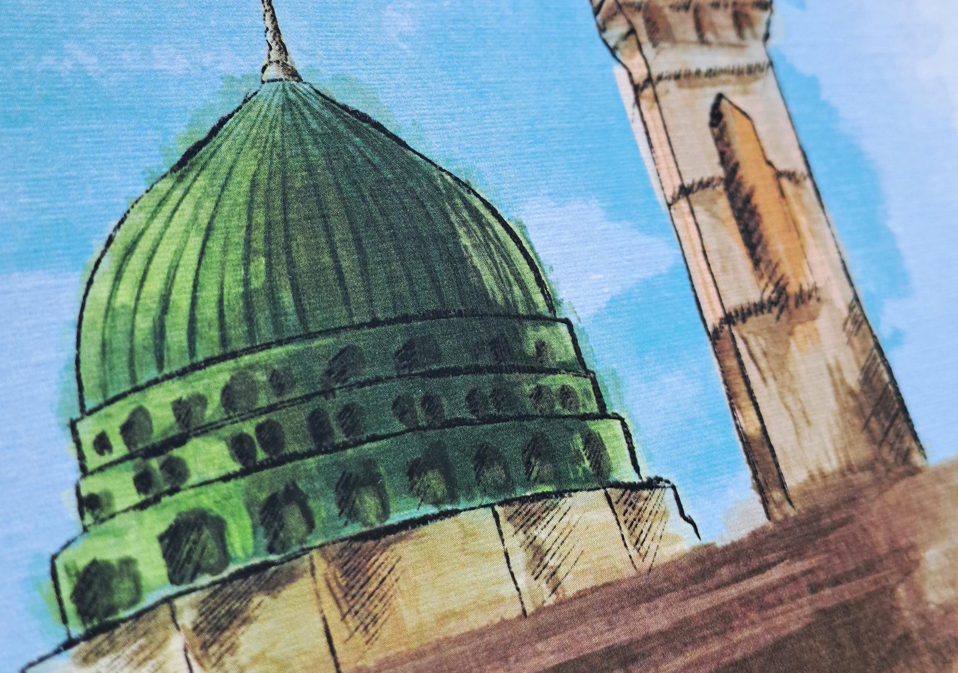 Zoomed view of the minaret from Masjid Nabawi in watercolor art, warm earthy tones and detail