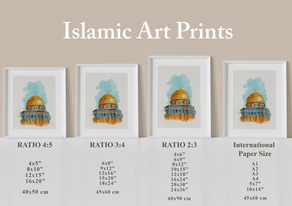 Printable size guide for Dome of the Rock digital artwork, includes multiple ratios and paper sizes