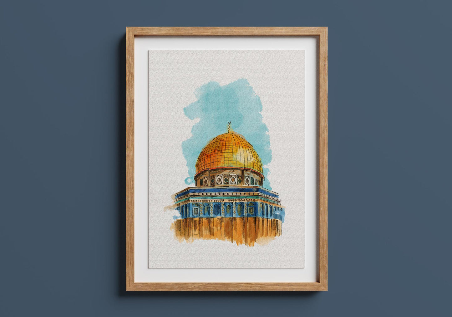 Framed Dome of the Rock watercolor artwork hanging on wall, printable Islamic digital art