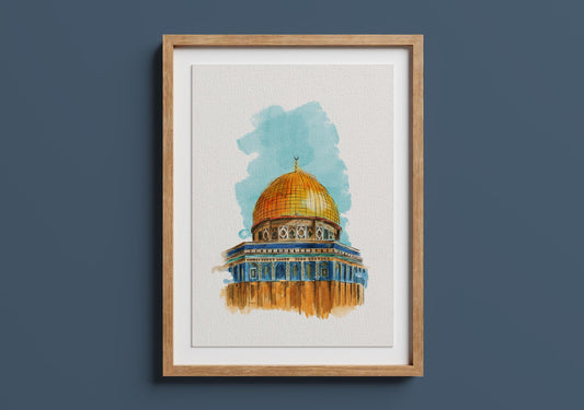 Framed Dome of the Rock watercolor artwork hanging on wall, printable Islamic digital art