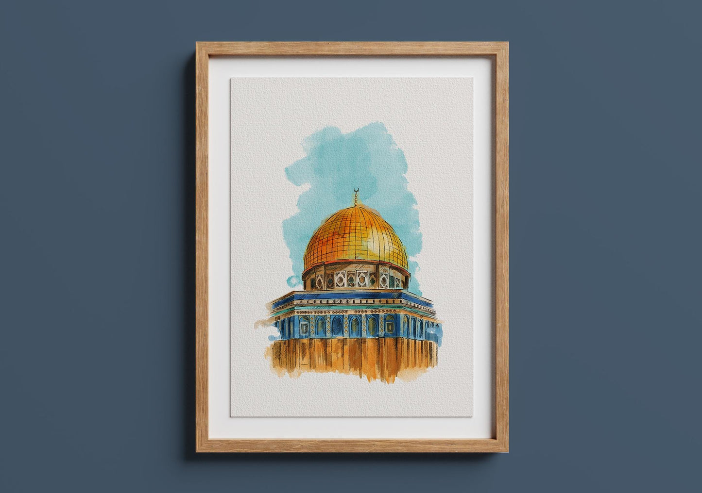 Al Aqsa mosque illustration in watercolor, featuring golden dome and neutral tones, Islamic printable wall art.