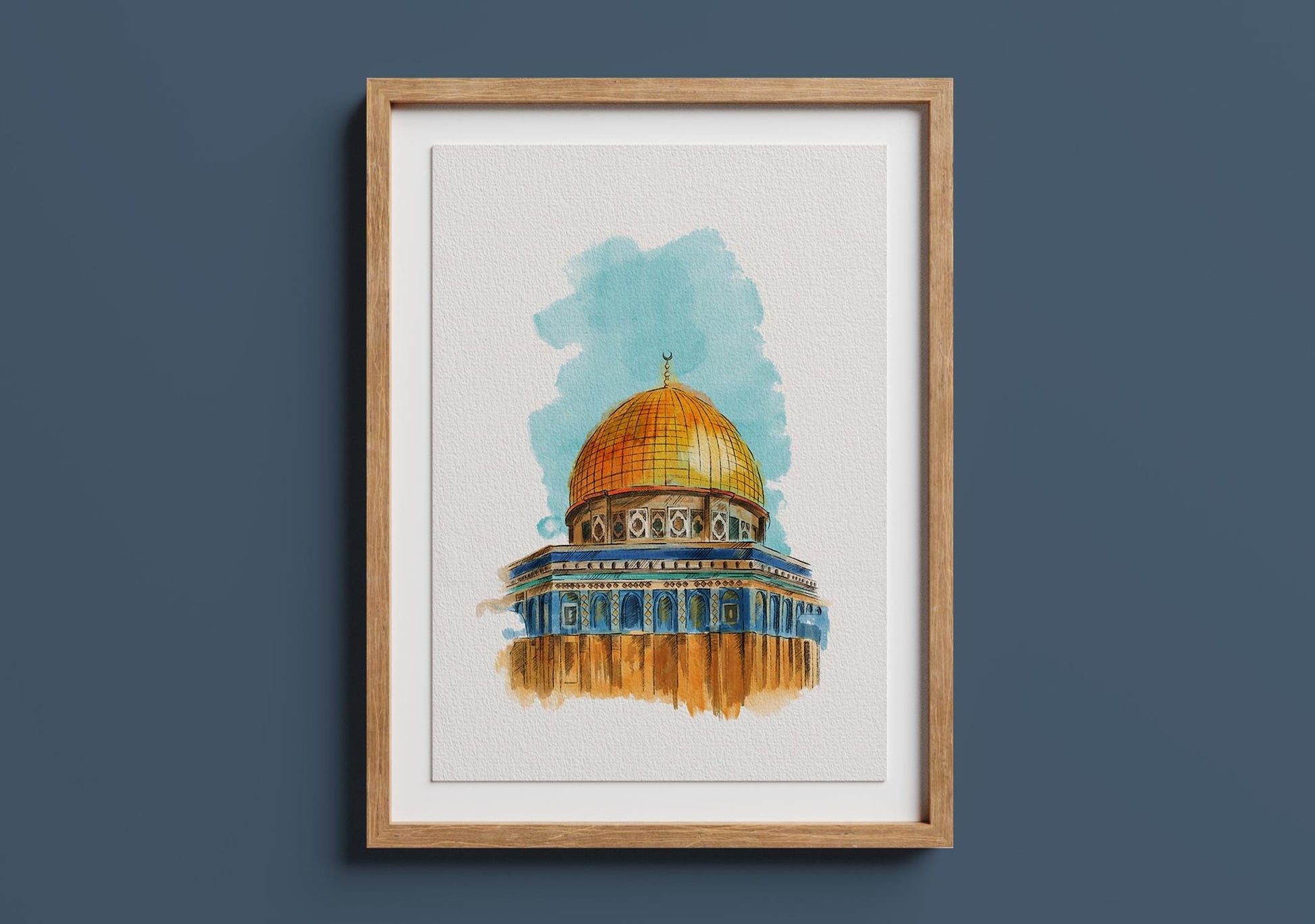 Al Aqsa mosque illustration in watercolor, featuring golden dome and neutral tones, Islamic printable wall art.