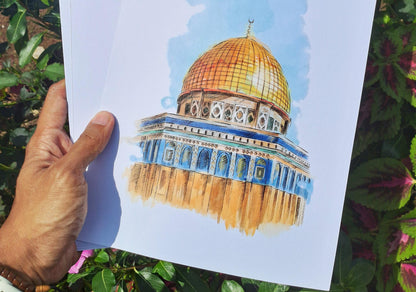 Printed Dome of the Rock watercolor artwork being held by hand, high-quality digital print result