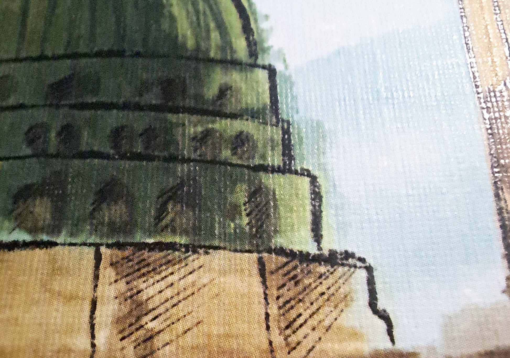 Close-up of printed Green Dome showing watercolor texture and brush details, printable Islamic art