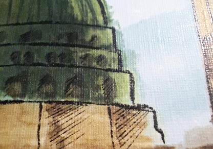 Close-up of printed Green Dome showing watercolor texture and brush details, printable Islamic art