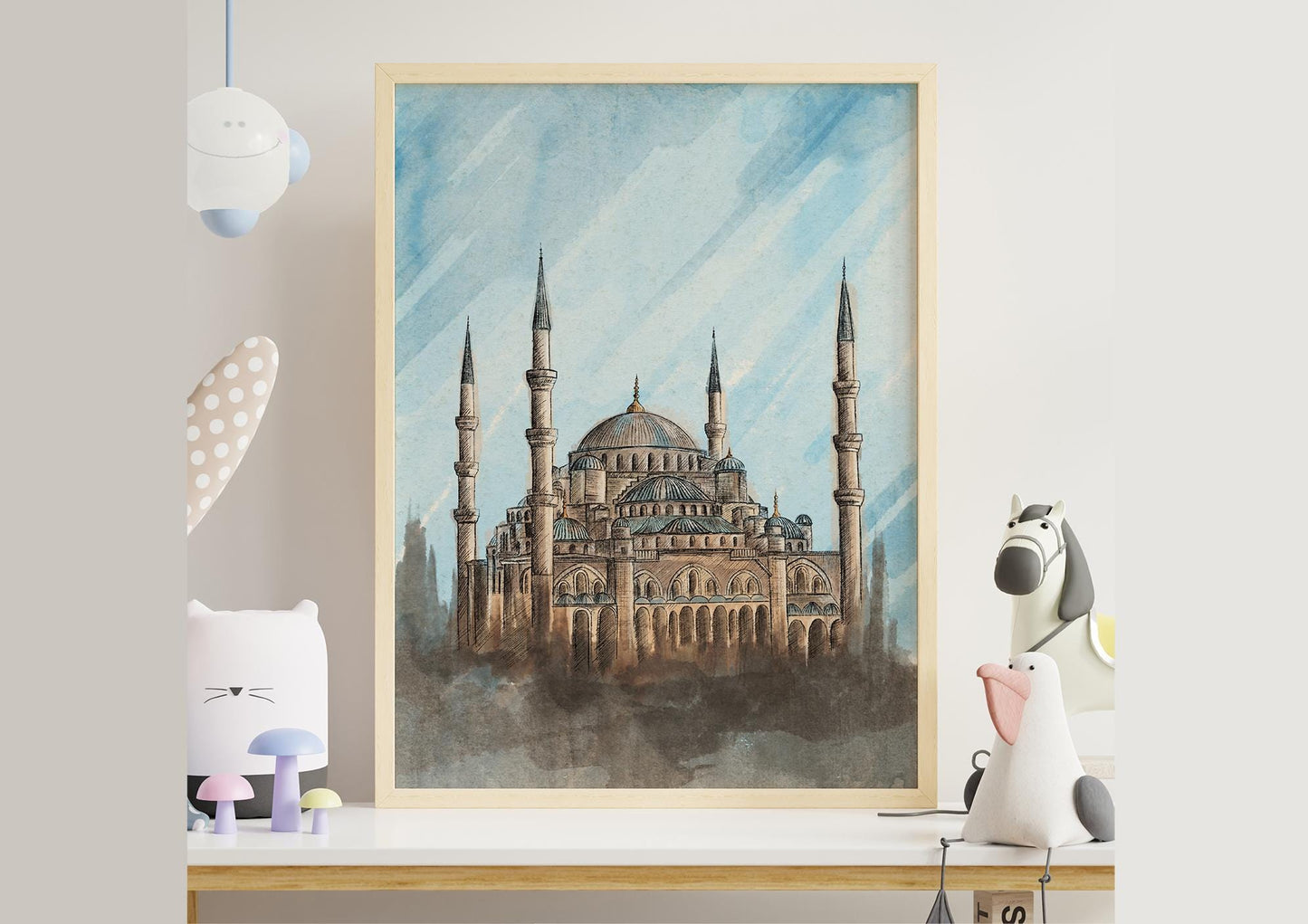 Zoom-in on watercolor texture of Hagia Sophia digital painting – elegant Muslim printable artwork