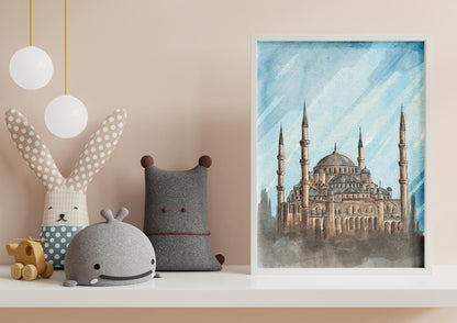Close-up detail of Hagia Sophia watercolor painting – printable Islamic art