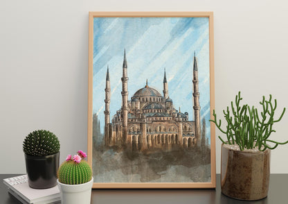 Minimalist interior mockup with Hagia Sophia watercolor print – digital Islamic art