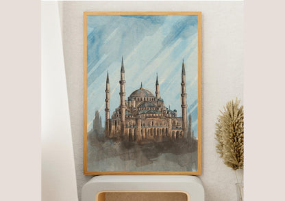 Side view of Hagia Sophia mosque watercolor poster in wooden frame – printable Muslim home wall art