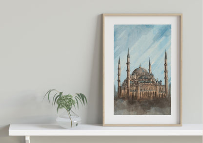 Hagia Sophia watercolor art print displayed in modern living room – Ottoman Islamic architecture wall decor