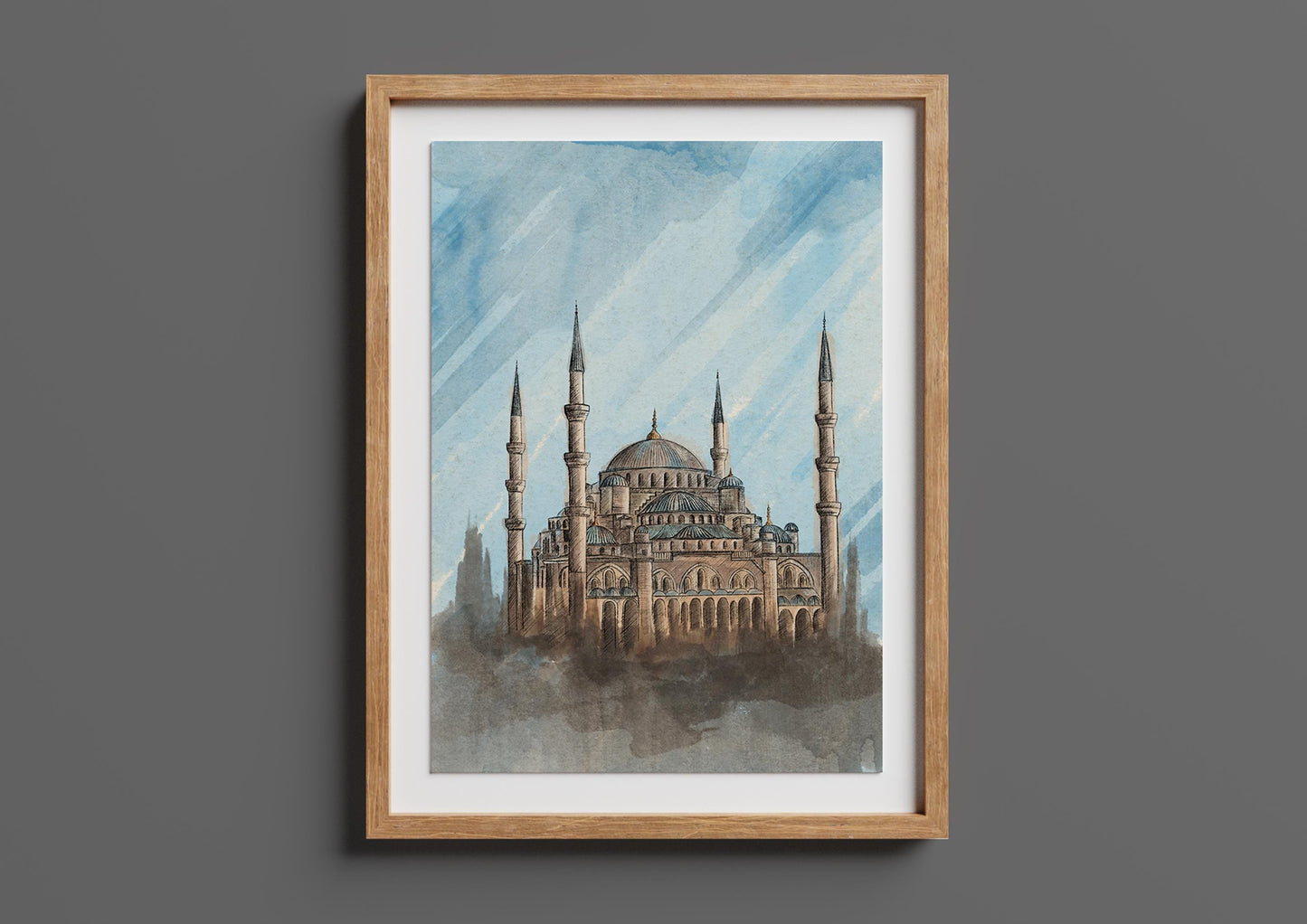 Framed Hagia Sophia watercolor wall art hanging on a grey wall – Islamic architecture printable for Muslim home decor