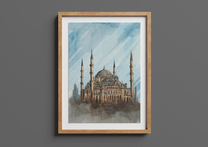 Framed Hagia Sophia watercolor wall art hanging on a grey wall – Islamic architecture printable for Muslim home decor