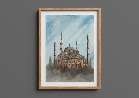 Framed Hagia Sophia watercolor wall art hanging on a grey wall – Islamic architecture printable for Muslim home decor