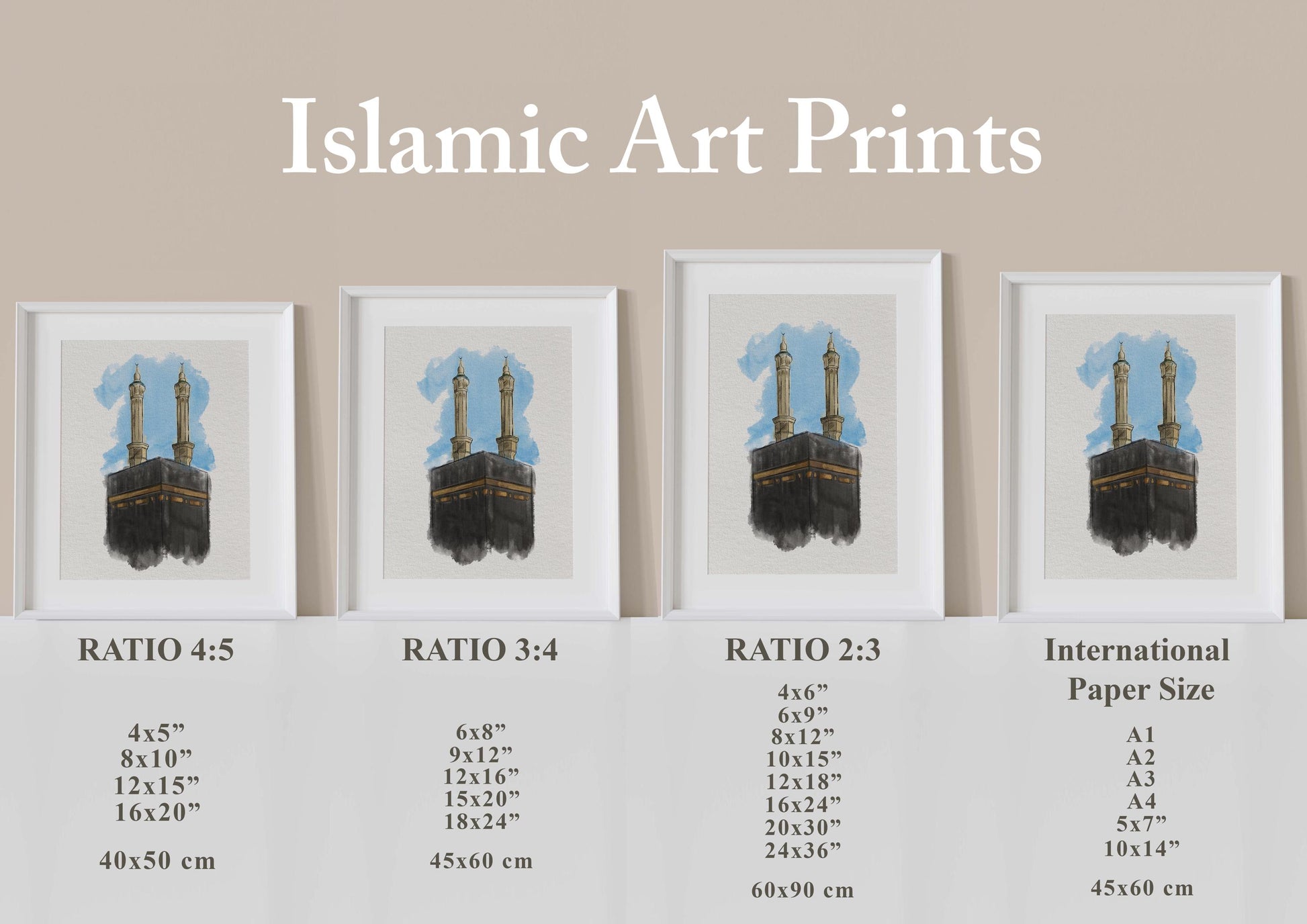 Printable size guide for Kaaba digital wall art, includes multiple paper sizes and aspect ratios