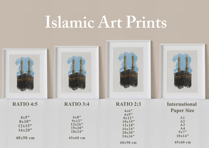 Printable size guide for Kaaba digital wall art, includes multiple paper sizes and aspect ratios
