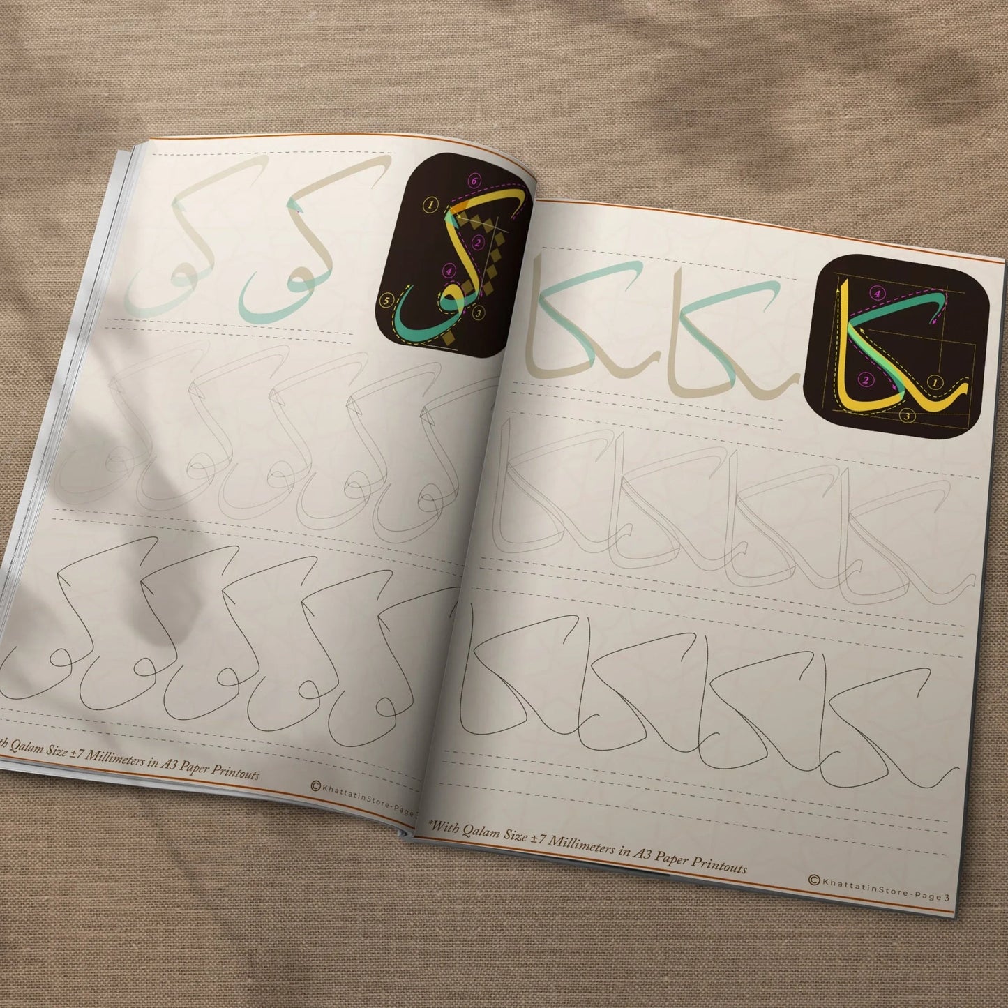 student practicing Arabic Thuluth calligraphy using guidebook