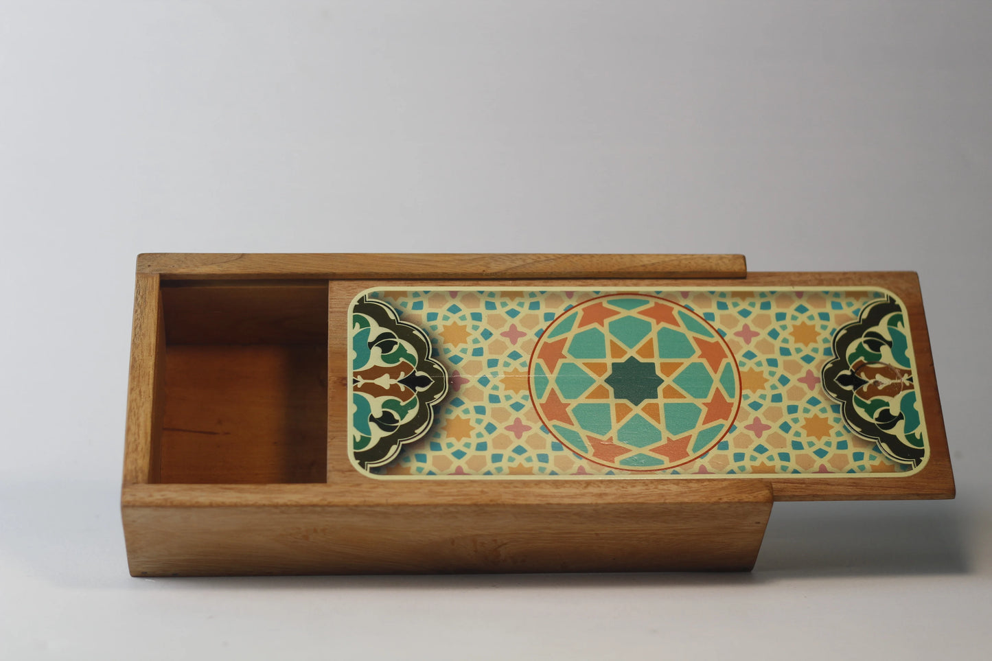 interior of wooden calligraphy box with pens and ink bottles