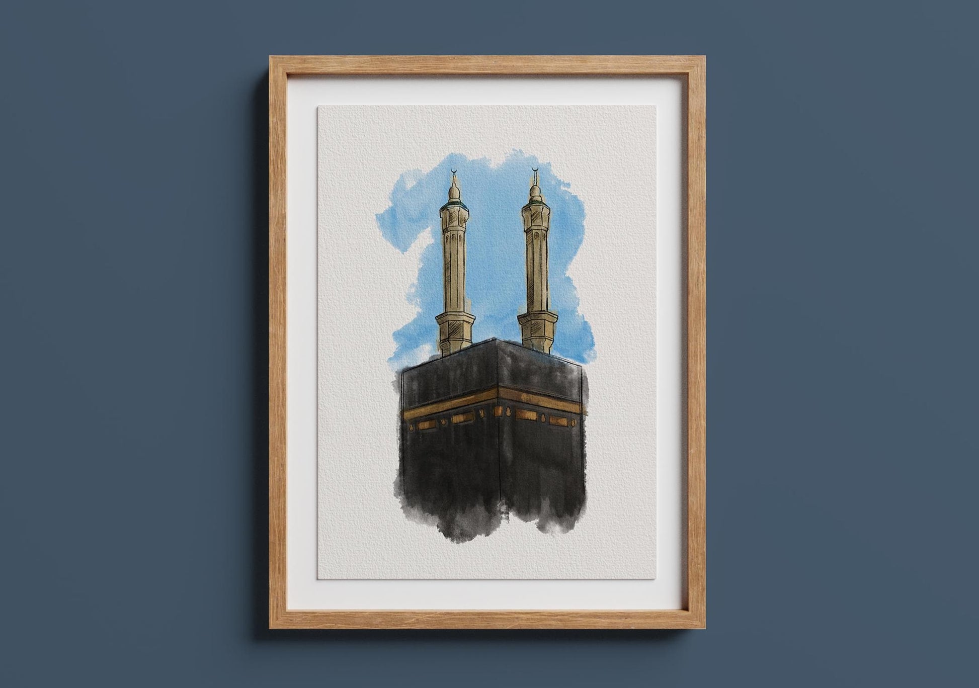 Framed watercolor artwork of Kaaba and minarets, Islamic digital wall art decor for home or prayer room