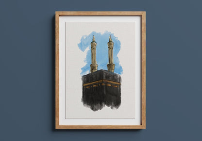 Framed watercolor artwork of Kaaba and minarets, Islamic digital wall art decor for home or prayer room