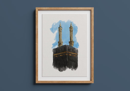 Framed watercolor artwork of Kaaba and minarets, Islamic digital wall art decor for home or prayer room