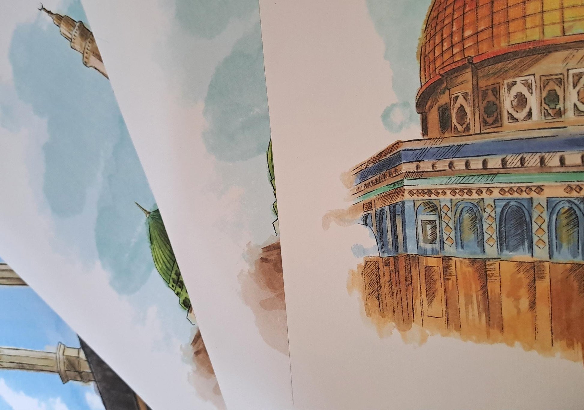 Printed detail of golden dome and sky in watercolor Dome of the Rock art, rich colors and clarity