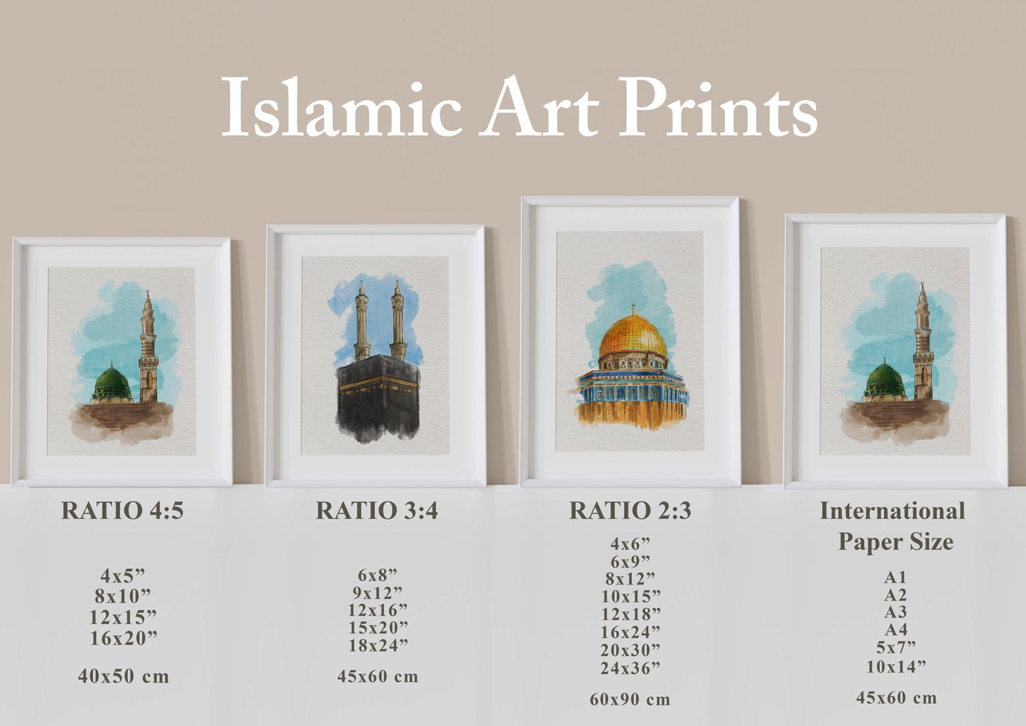 Printable size chart showing frame ratios for A4, A3, 8x10, and 16x20 Islamic wall art digital download.