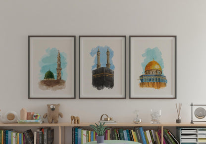 Digital mosque art bundle displayed in cozy home interior, ideal for Ramadan, Eid, kids room, or prayer corner.