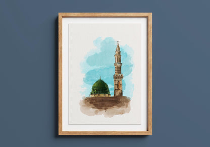 Framed watercolor Green Dome artwork of Masjid Nabawi, printable Islamic wall art decor