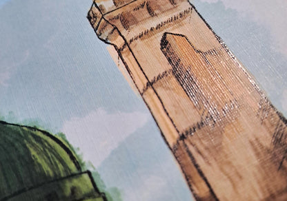 Macro texture of printed Islamic digital artwork, showcasing realistic watercolor finish on paper