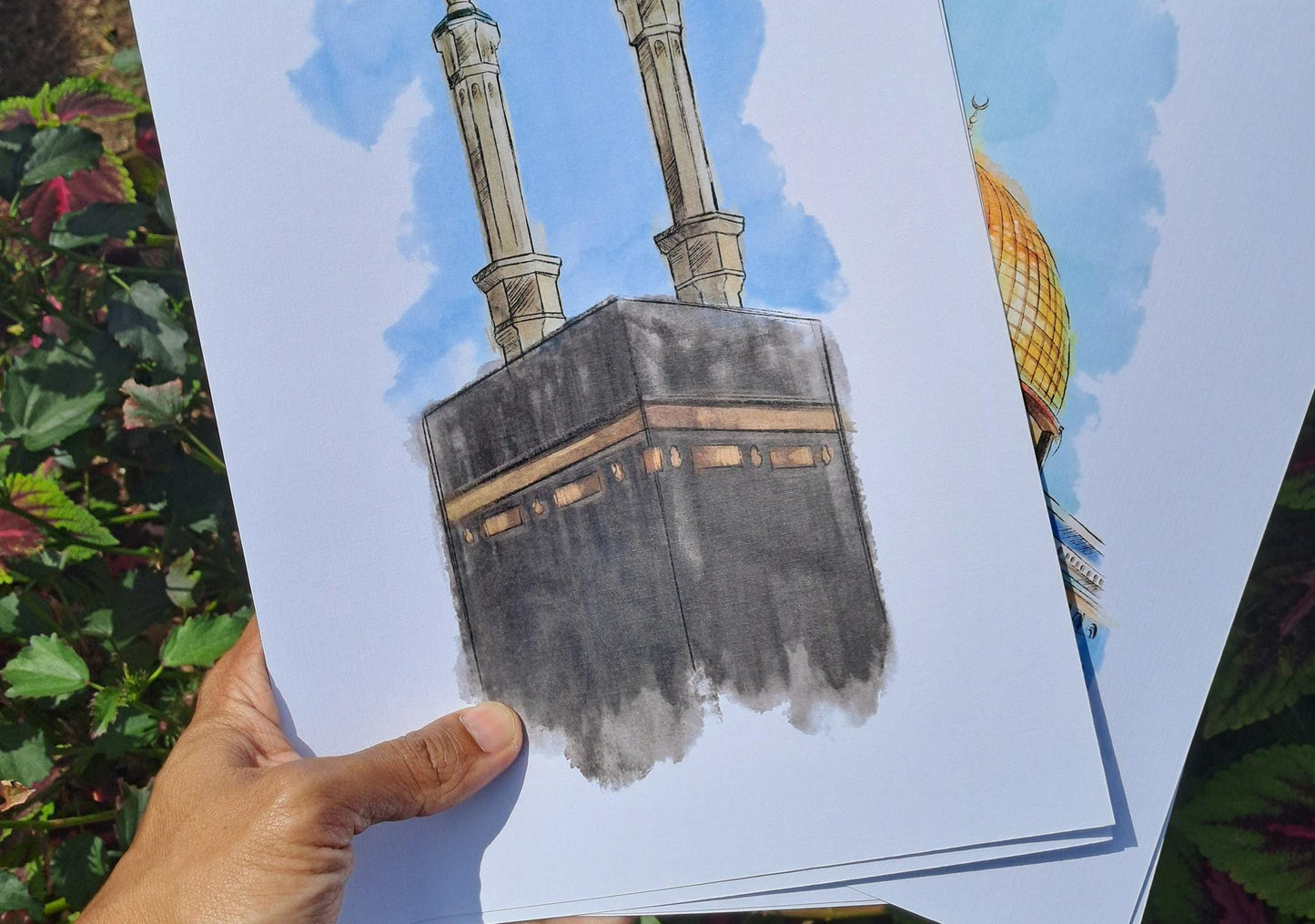 Detailed digital painting of the Kaaba with gold and black elements, high-resolution Islamic art download.