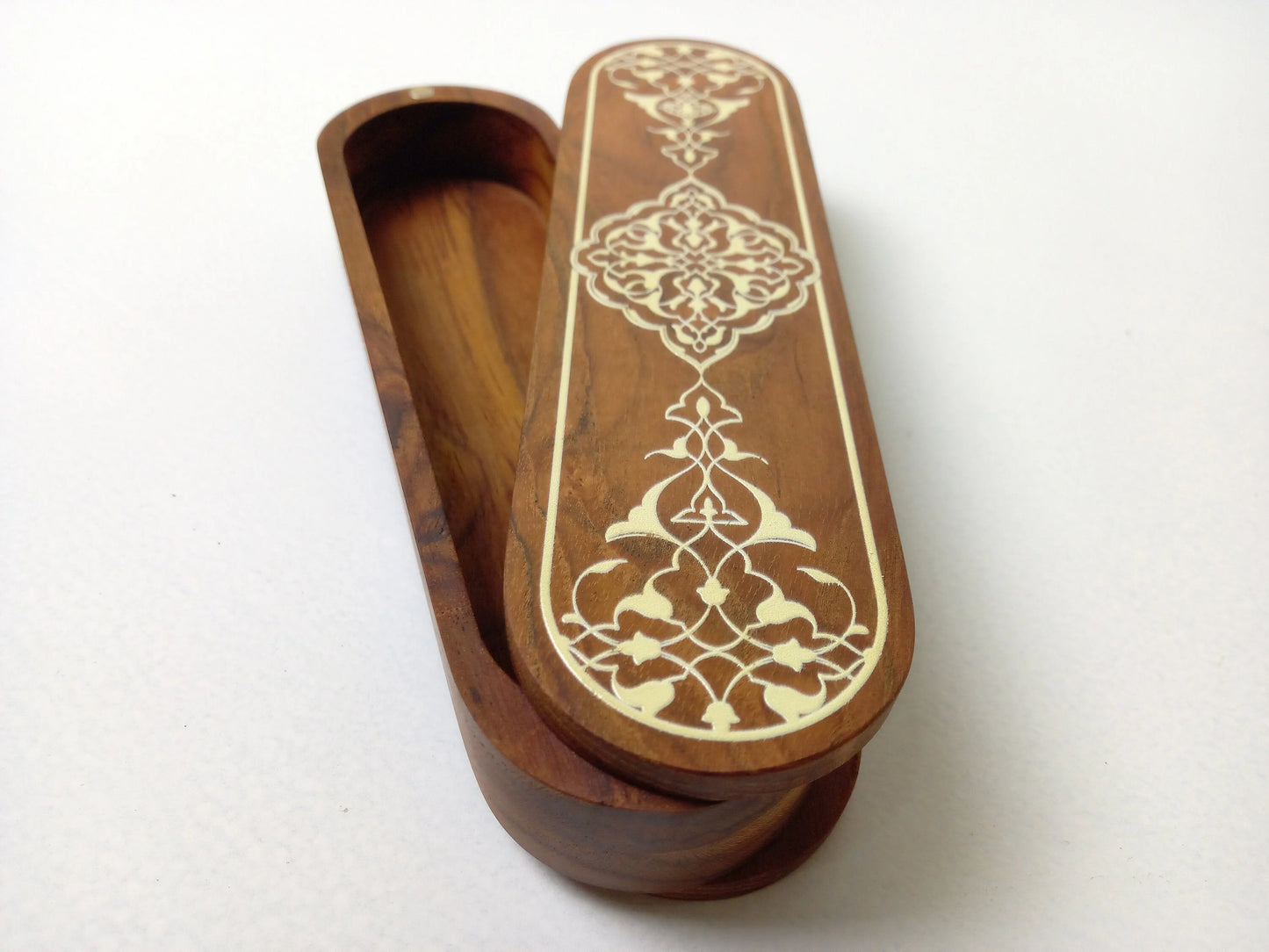 Side view teak wood calligraphy box