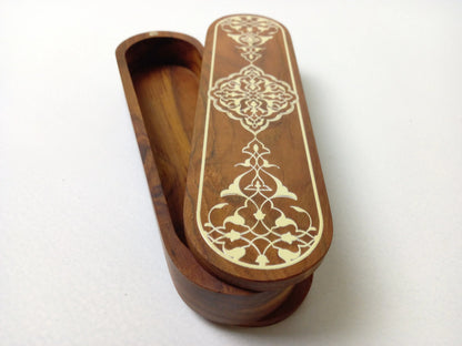 Side view teak wood calligraphy box