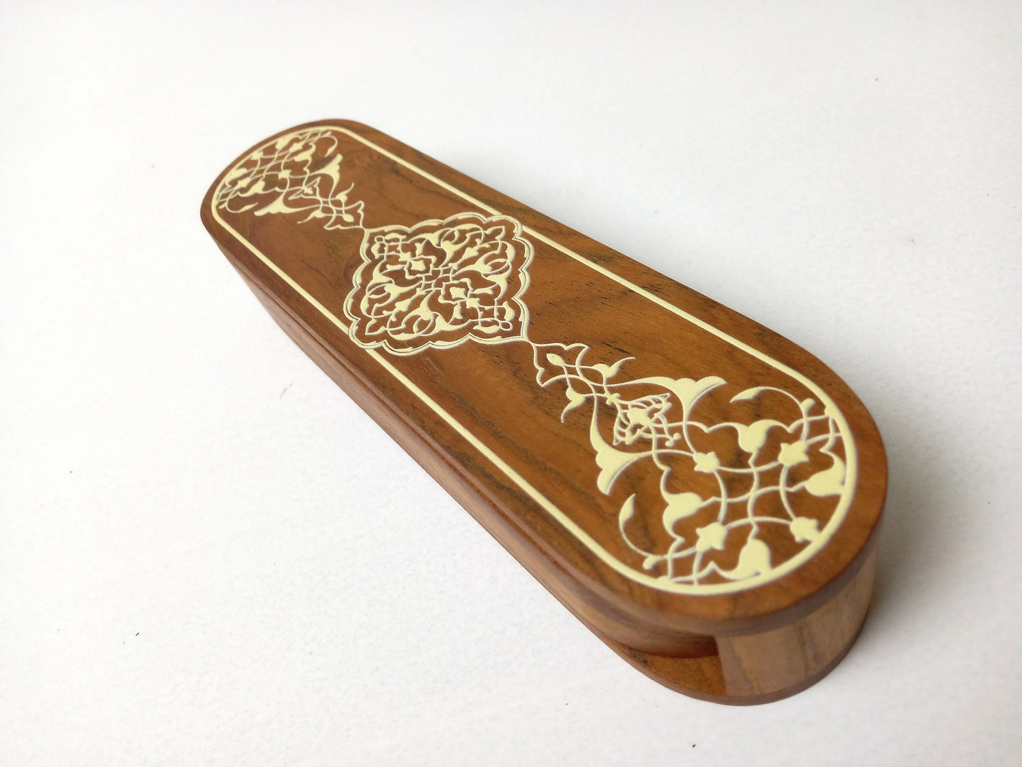 Teak calligraphy storage box closed top view