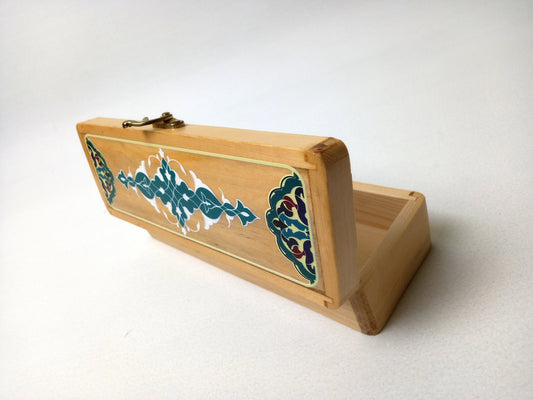 Interior of teak calligraphy box empty