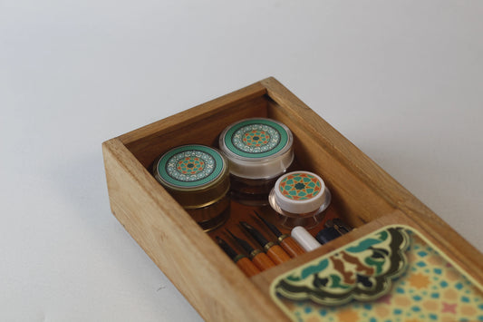 top view open sliding cover of calligraphy pen storage box