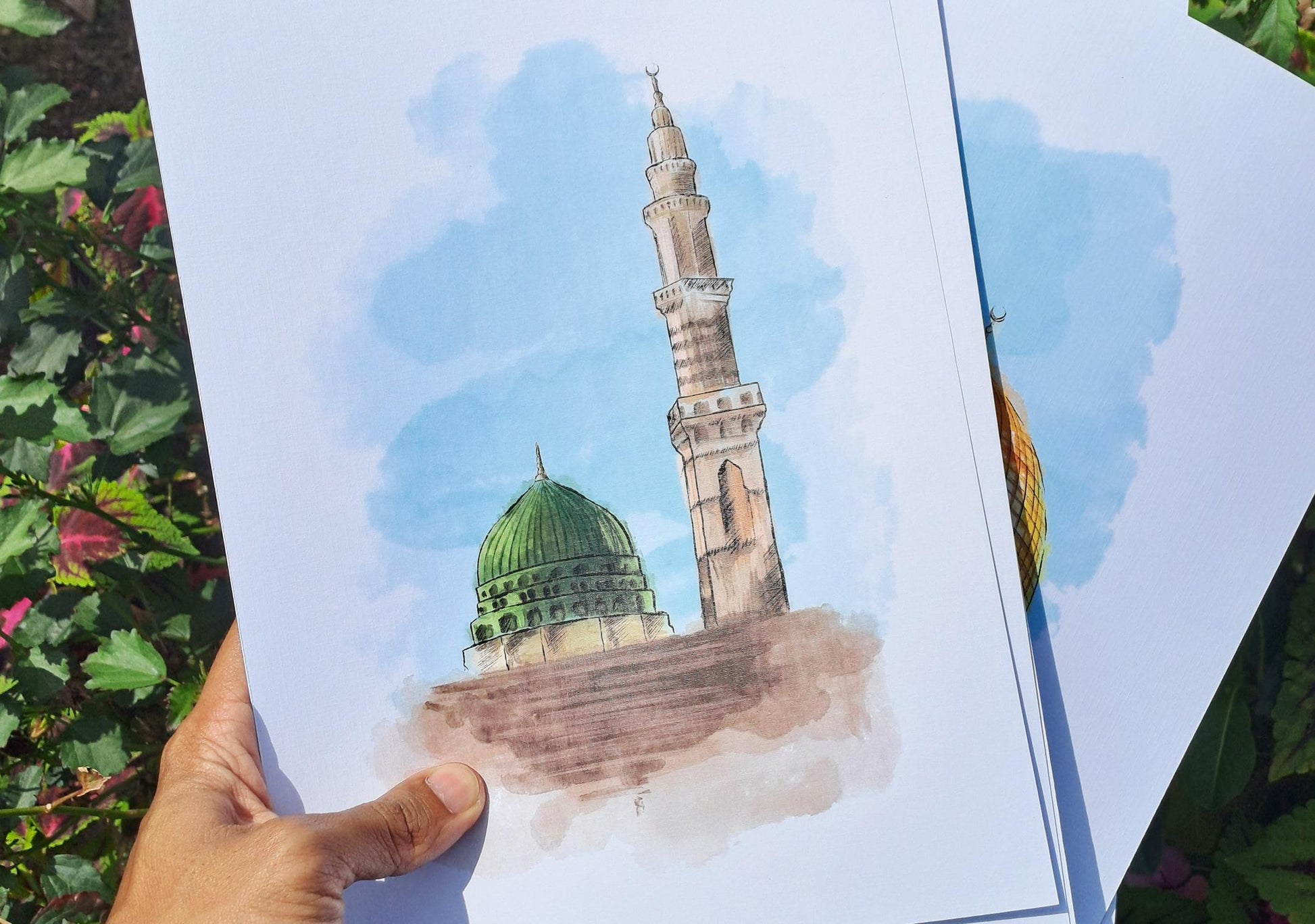Close-up of Madinah’s Prophet’s Mosque in pastel tones, modern printable for Muslim interior design.