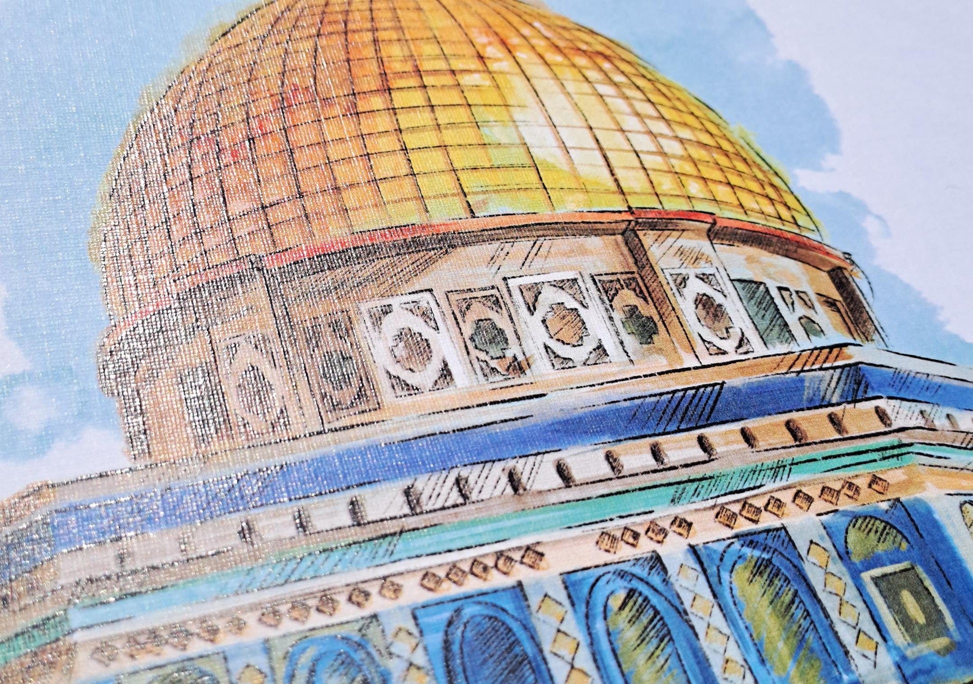 Zoomed view of architectural detail in Dome of the Rock print, showing intricate design and print quality