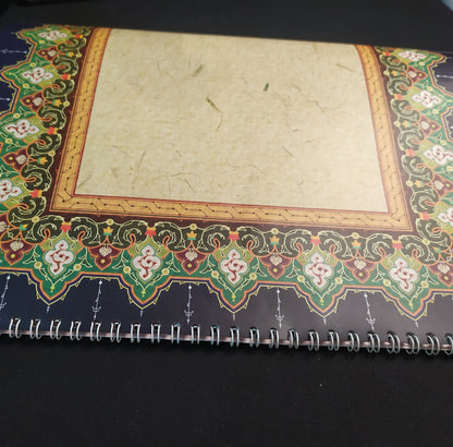 Calligraphy practice on glossy sheet showing ornamental edges