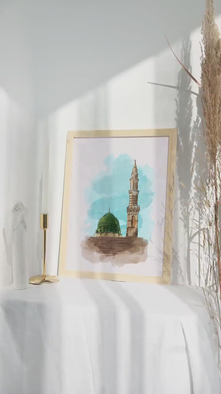Green Dome Medina Watercolor – Printable Digital Islamic Wall Art | Masjid Nabawi Poster Instant Download